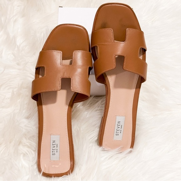 Steve Madden HADYN COGNAC LEATHER Brown Slide Sandals - Picture 6 of 9